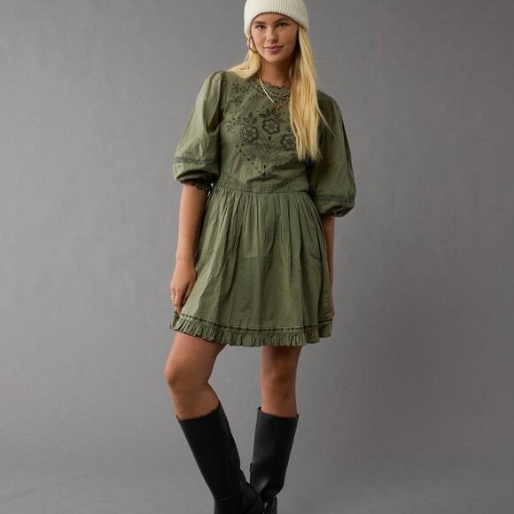 American Eagle Dresses & Skirts - American Eagle Olive Green Long Sleeve Embroidered Dress size XXS NEW WITH TAGS